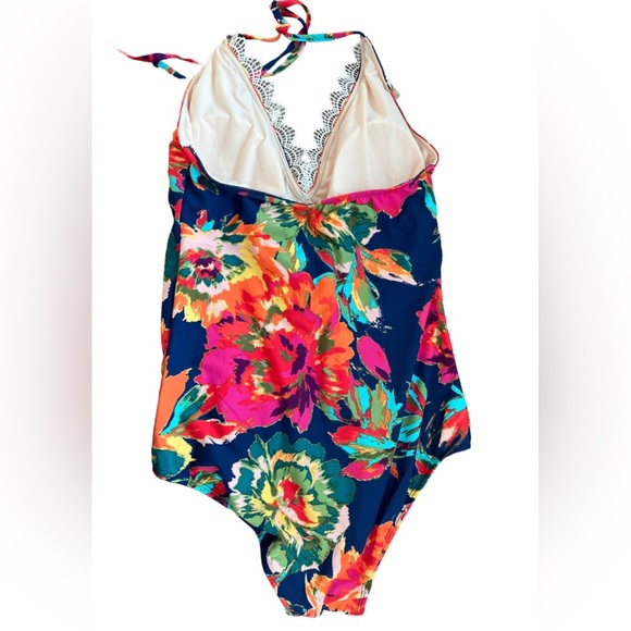 Floral Lace Trim One Piece Swimsuit - Multicolor - Picture 4 of 7